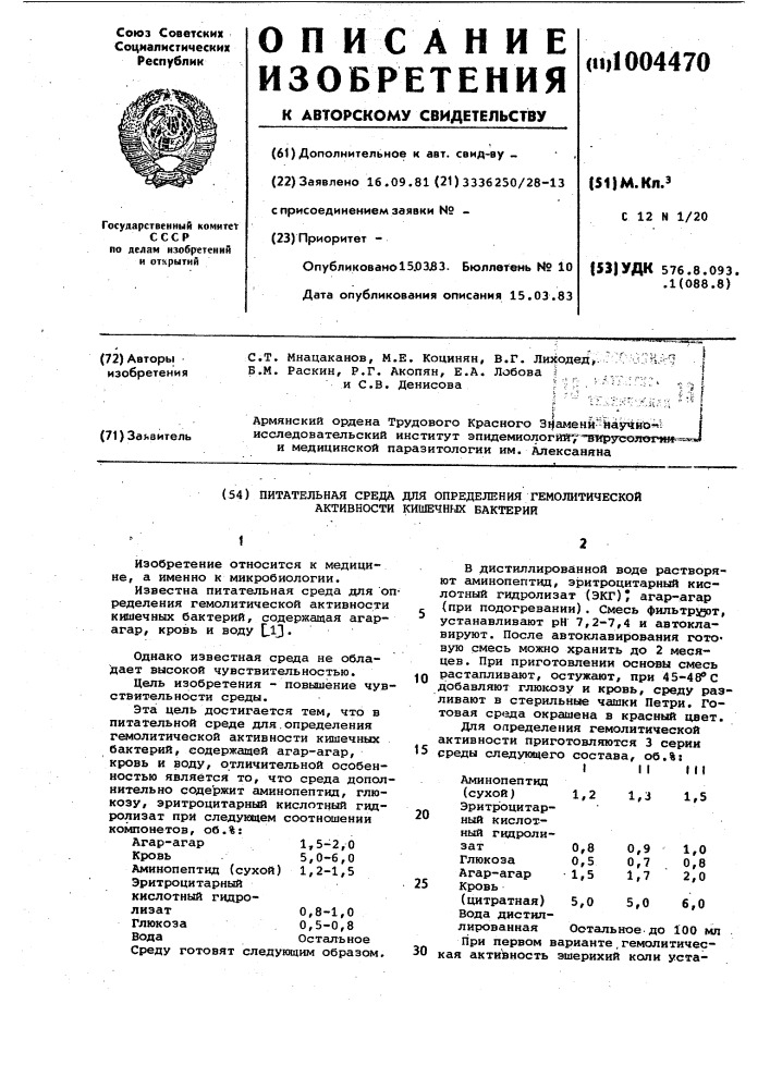 Питательная среда для определения гемолитической активности кишечных бактерий (патент 1004470)