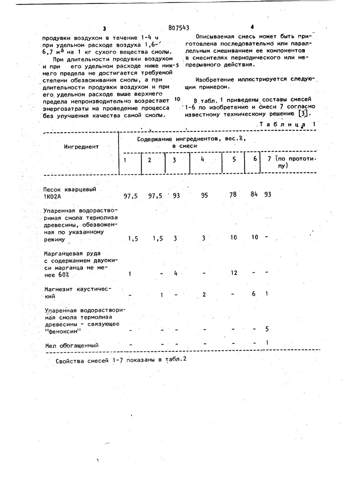 Смесь для изготовления литейных форм и стержней (патент 807543)