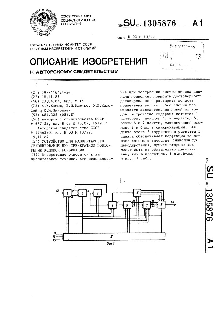 Устройство для мажоритарного декодирования при трехкратном повторении кодовой комбинации (патент 1305876)