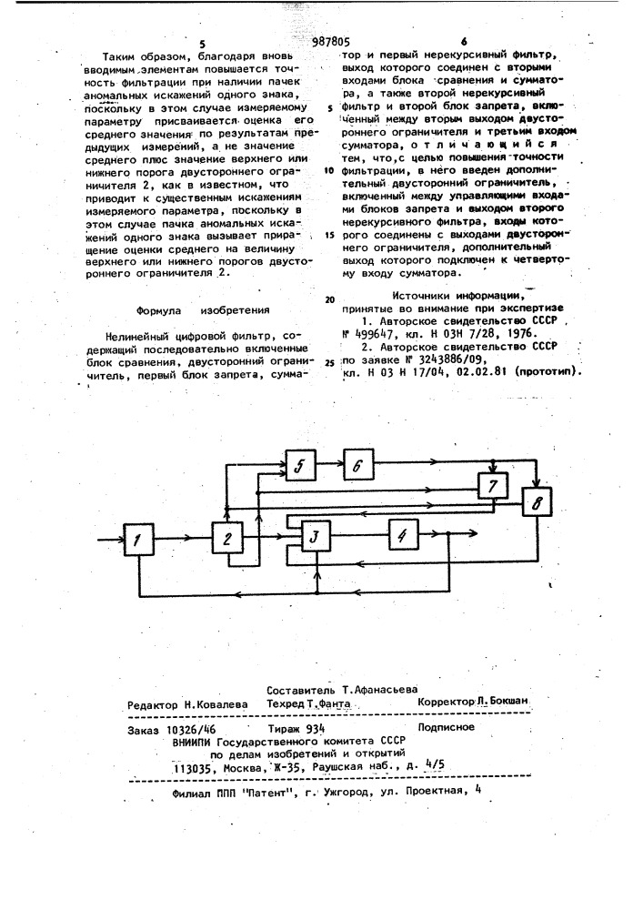 Нелинейный цифровой фильтр (патент 987805)