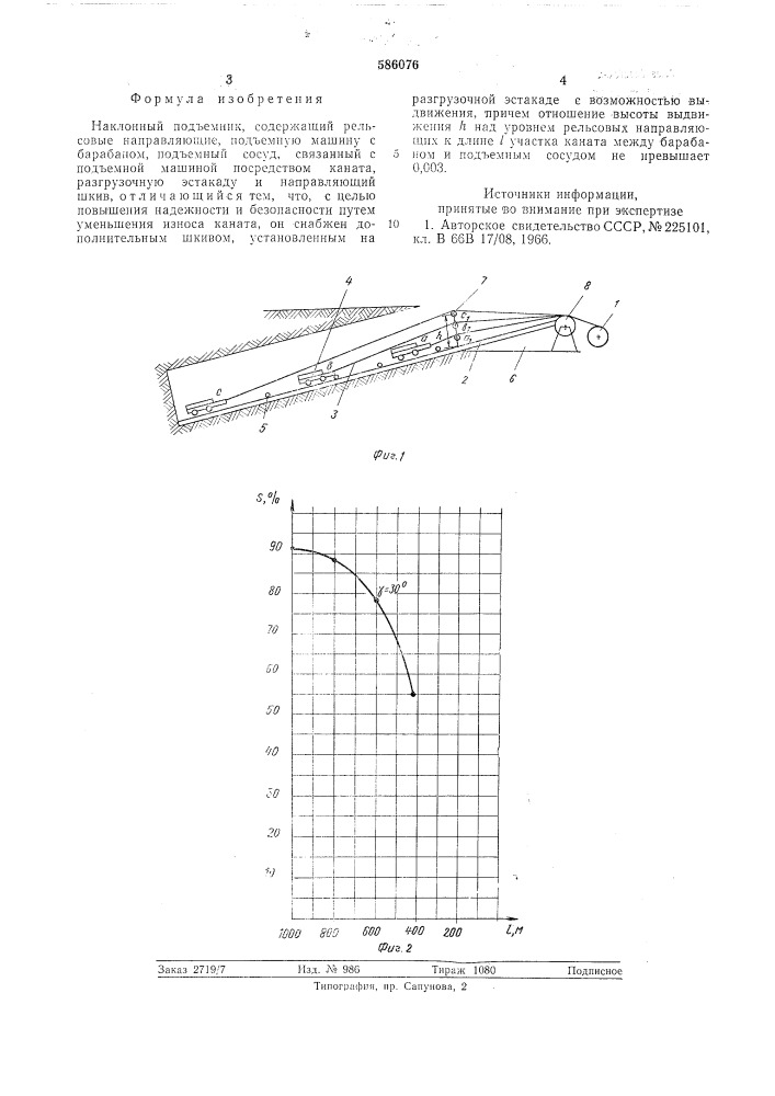 Наклонный подъемник (патент 586076)