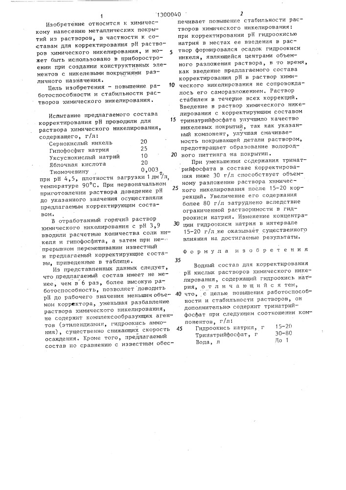 Водный состав для корректирования @ кислых растворов химического никелирования (патент 1300040)