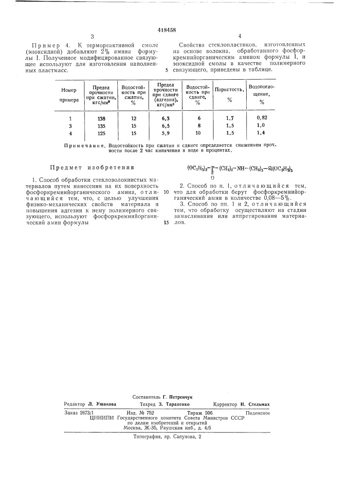 Способ обработки стекловолокнистых материалов (патент 418458)