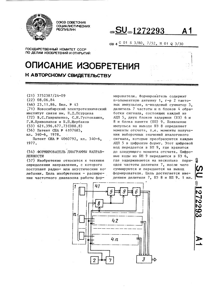 Формирователь диаграммы направленности (патент 1272293)