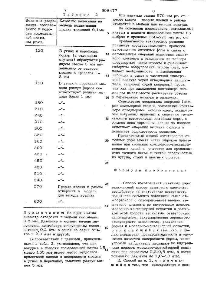 Способ изготовления литейных форм и устройство для его осуществления (патент 908477)