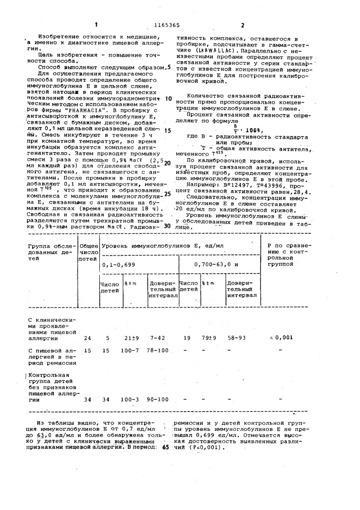 Способ дифференциальной диагностики пищевой аллергии (патент 1165365)