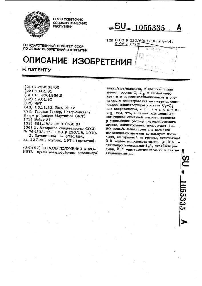 Способ получения анионита (патент 1055335)