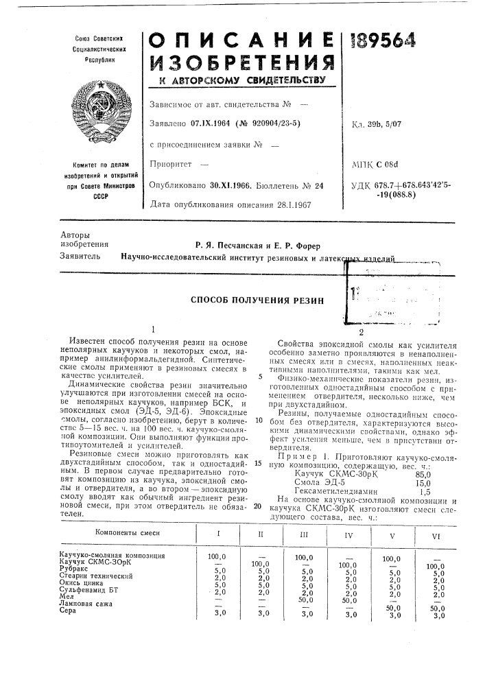 Способ получения резин (патент 189564)