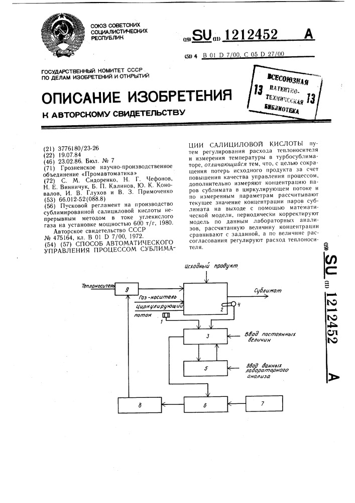 Способ автоматического управления процессом сублимации салициловой кислоты (патент 1212452)