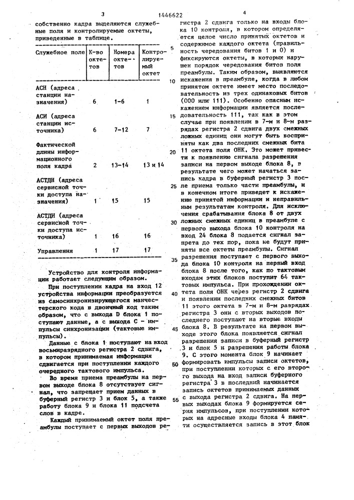 Устройство для контроля информации в многоканальной локальной вычислительной сети (патент 1446622)