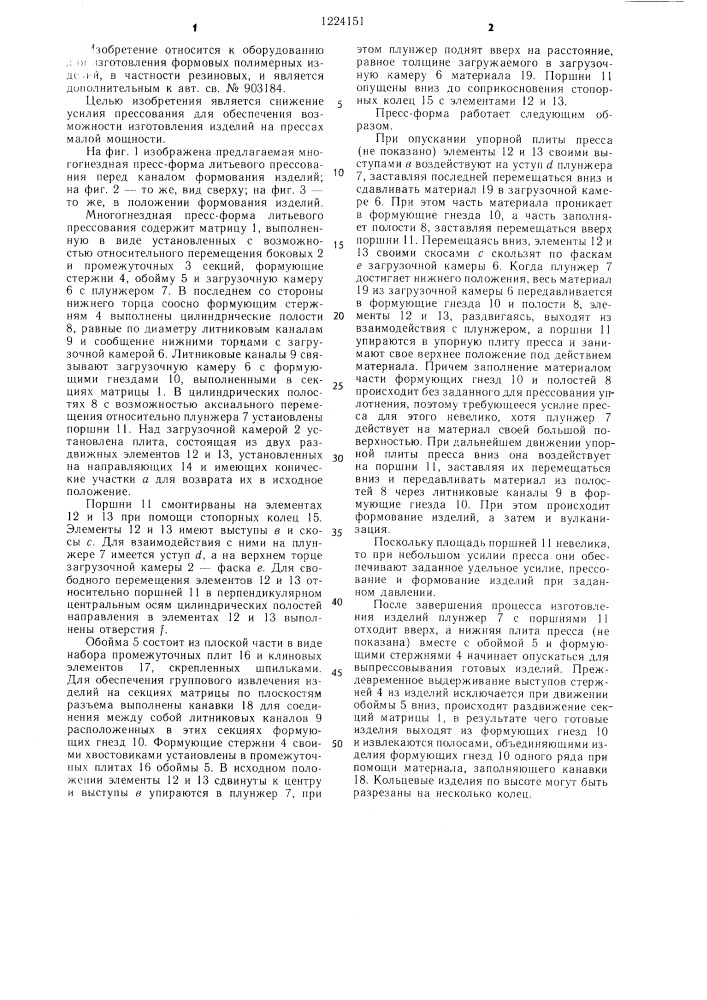 Многогнездная пресс-форма литьевого прессования для изготовления кольцевых резиновых изделий (патент 1224151)