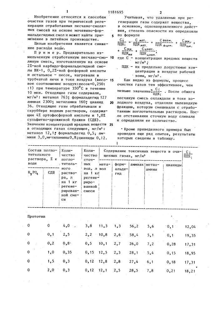 Способ очистки газов при термической регенерации литейных песков (патент 1181695)