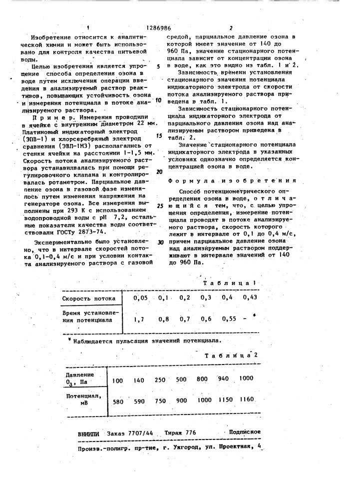 Способ потенциометрического определения озона в воде (патент 1286986)