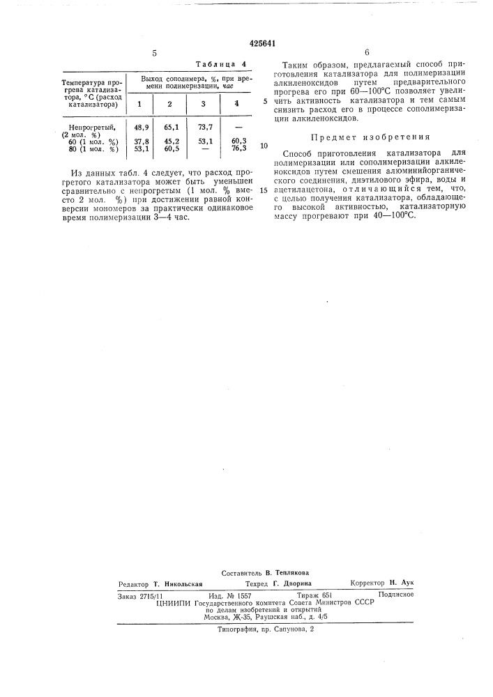 Способ приготовления катализатора д'ля полимеризации или сополимеризации алкиленоксидов (патент 425641)