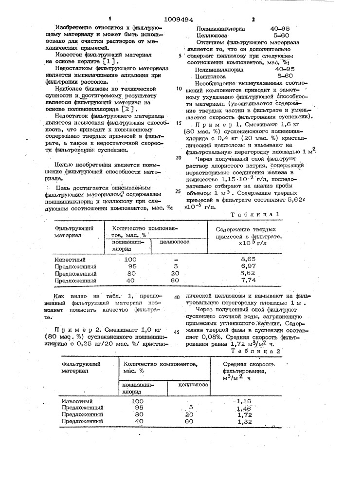 Фильтрующий материал (патент 1009494)