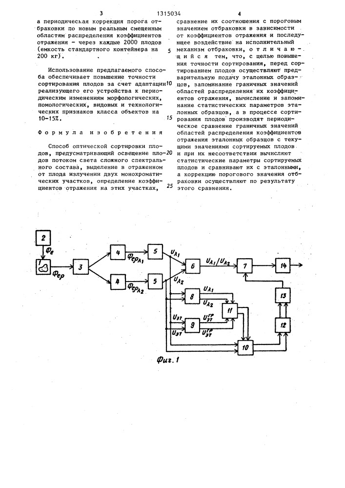 Способ оптической сортировки плодов (патент 1315034)