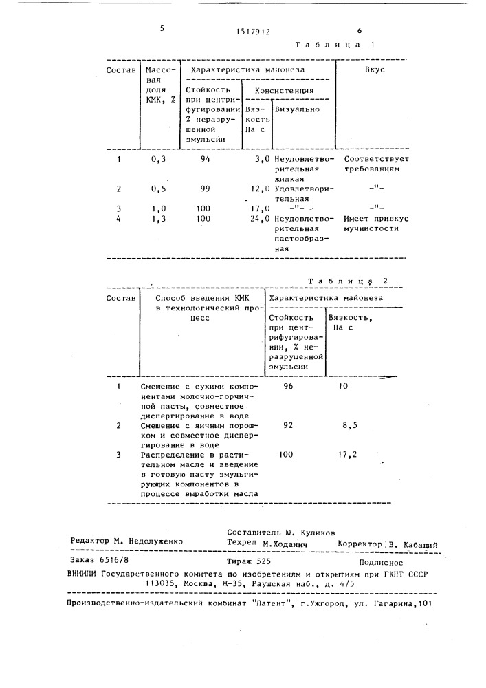 Способ получения майонеза с пониженным содержанием жира (патент 1517912)