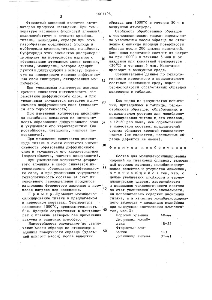 Состав для молибденосилицирования изделий из титановых сплавов (патент 1601196)