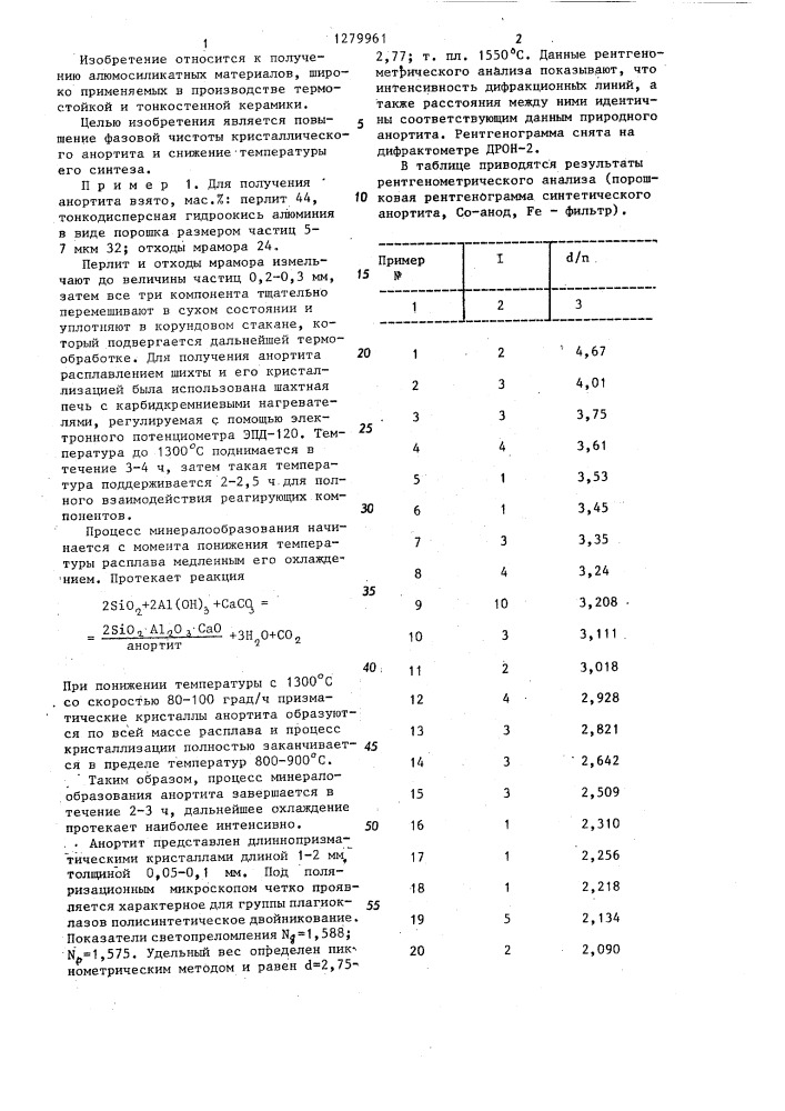 Состав для синтеза анортита (патент 1279961)