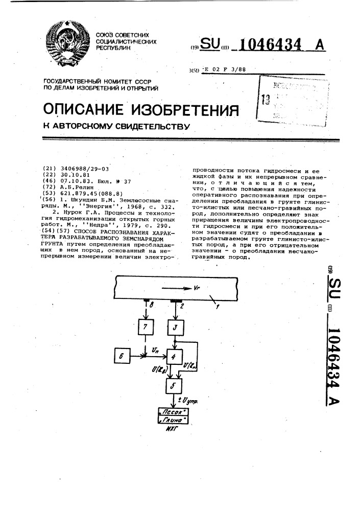 Способ распознавания характера разрабатываемого земснарядом грунта (патент 1046434)