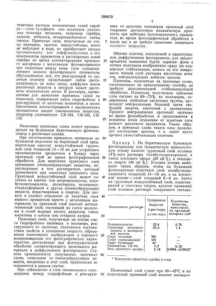 Способ получения гидрофобного приемного слоя для одноступенного диффузионного фотопроцесса (патент 300870)