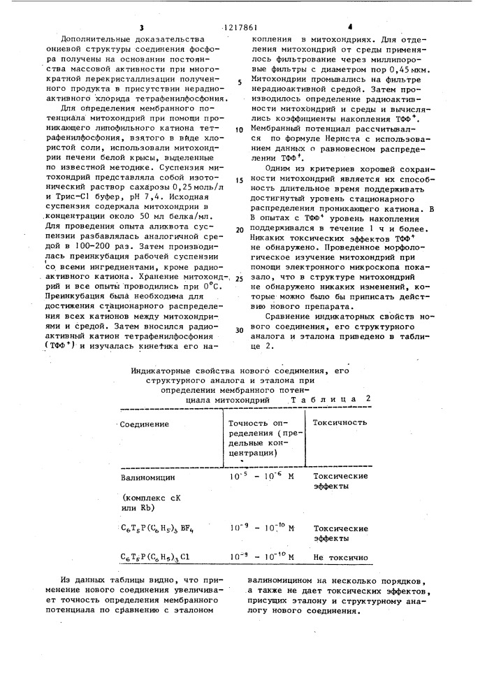Меченный тритием хлорид тетрафенилфосфония в качестве индикатора на мембранный потенциал (патент 1217861)