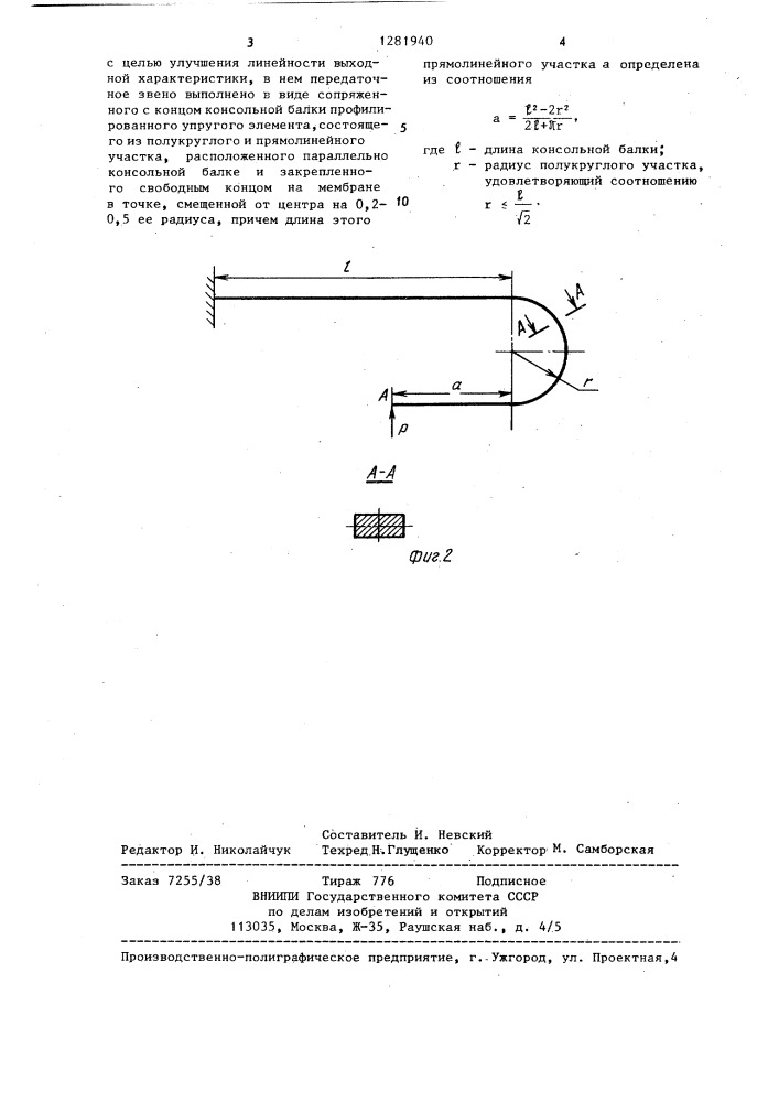 Тензометрический датчик давления (патент 1281940)