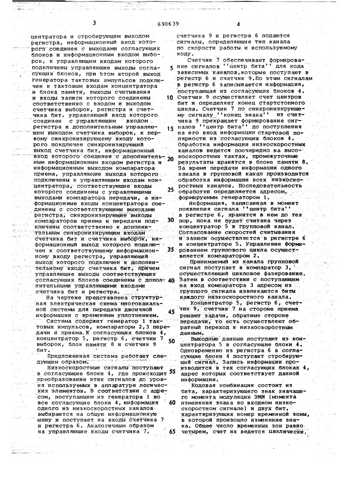Многоканальная система для передачи двоичной информации с временным уплотнением (патент 690639)