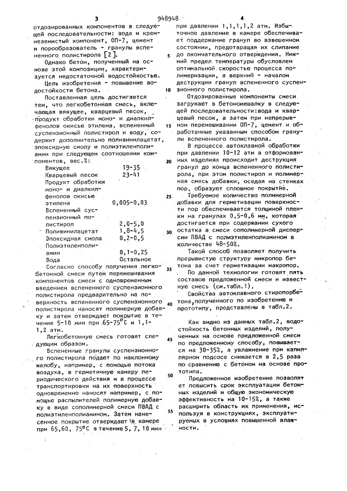 Легкобетонная смесь и способ ее получения (патент 948948)
