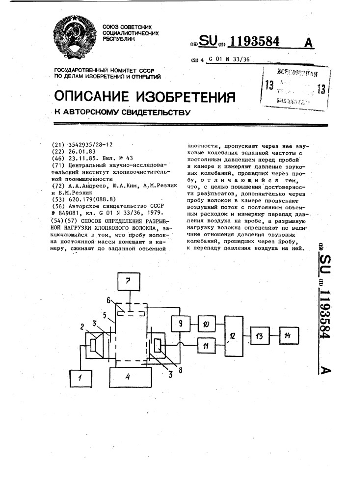 Способ определения разрывной нагрузки хлопкового волокна (патент 1193584)