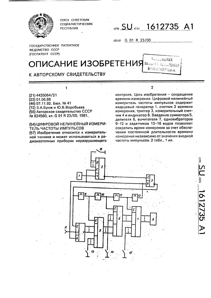 Цифровой нелинейный измеритель частоты импульсов (патент 1612735)