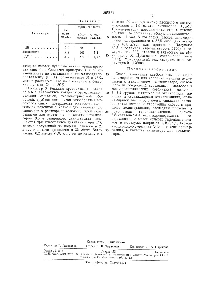 Способ получения карбоцепных полимеров (патент 305657)