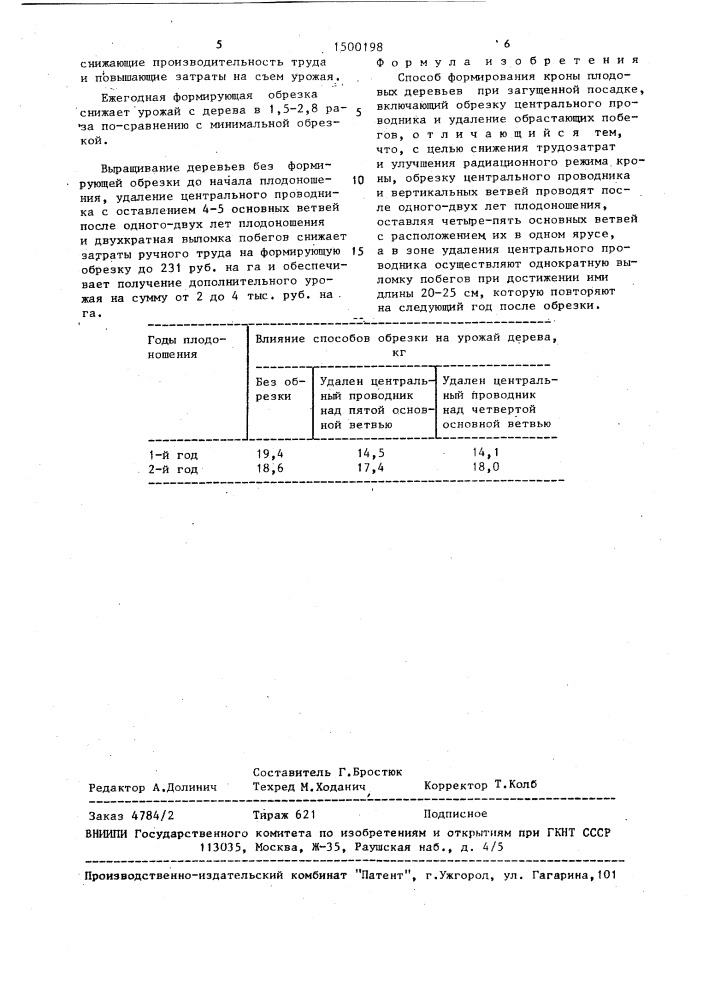 Способ формирования кроны плодовых деревьев при загущенной посадке (патент 1500198)