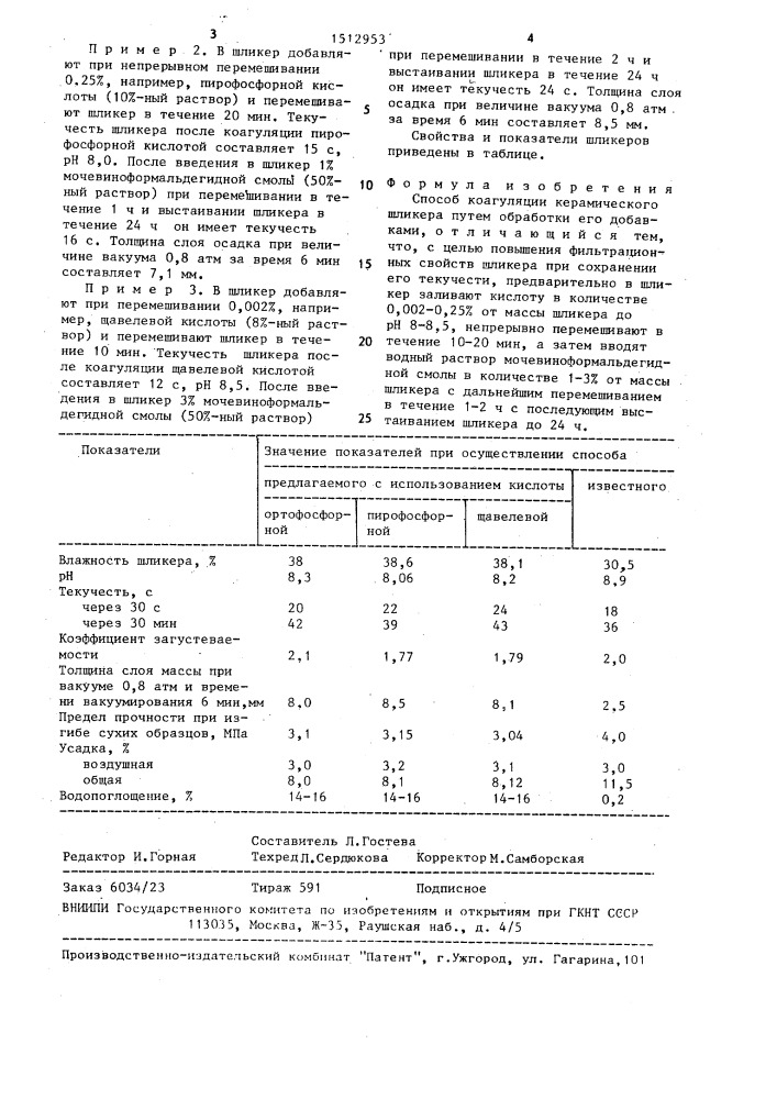 Способ коагуляции керамического шликера (патент 1512953)