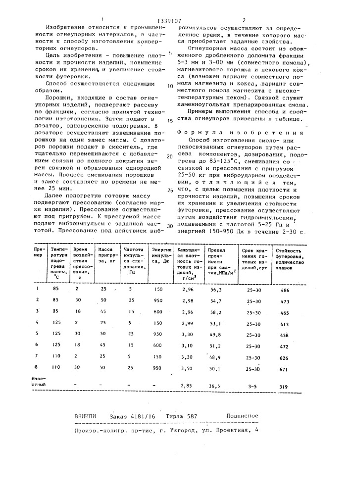 Способ изготовления смолоили пекосвязанных огнеупоров (патент 1339107)