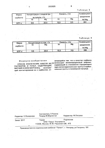 Способ извлечения никеля из растворов и пульп, содержащих магний и/или марганец (патент 2002825)