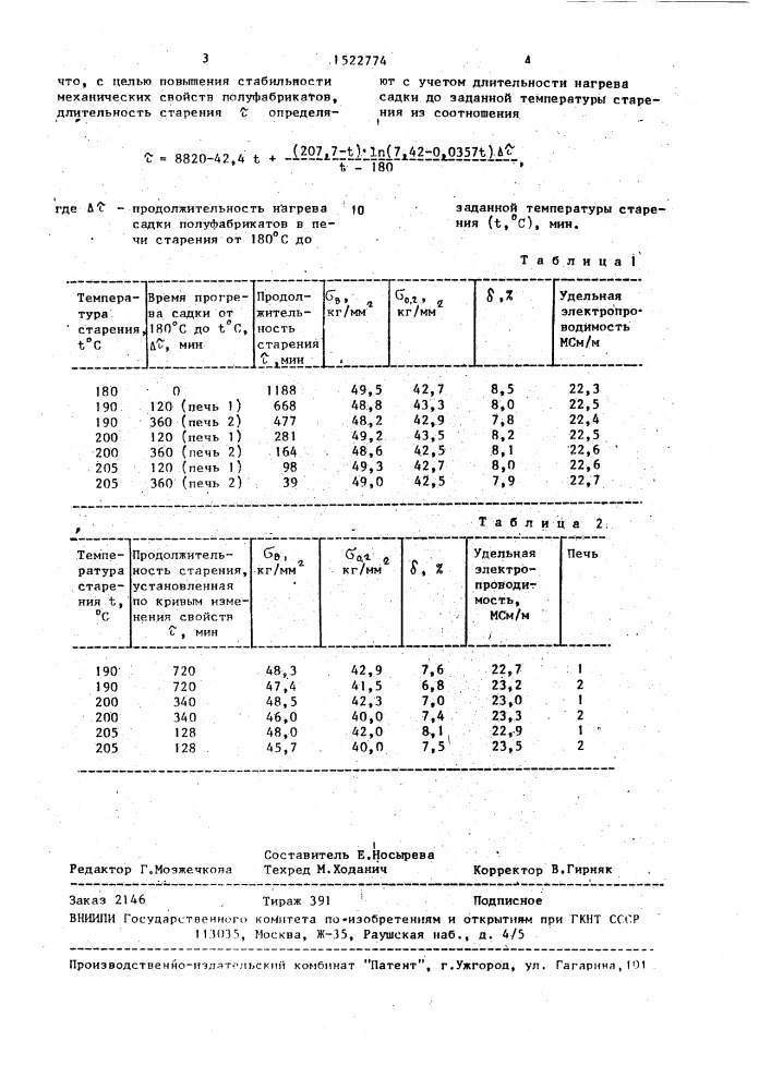 Способ определения длительности старения полуфабрикатов из термоупрочняемых алюминиевых сплавов на основе системы алюминий - медь - магний (патент 1522774)