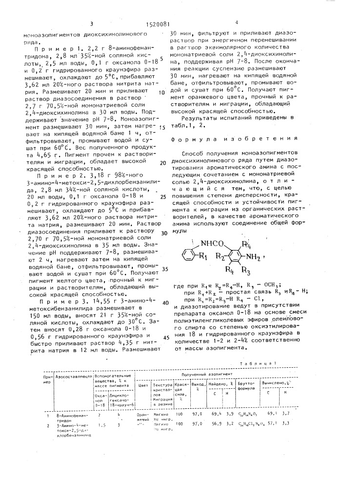 Способ получения моноазопигментов диоксихинолинового ряда (патент 1520081)