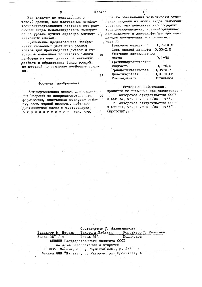 Антиадгезионная смазка для отделе-ния изделий из пенополиуретана приформовании (патент 833455)
