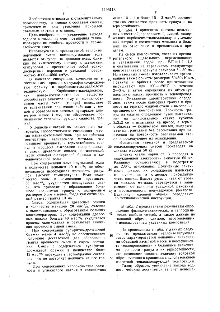 Теплоизолирующая смесь для прибылей слитков и отливок (патент 1196113)