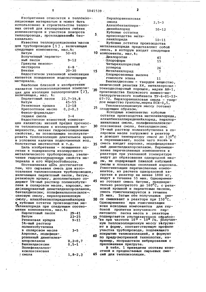 Сырьевая смесь для изготовления теплоизоляции трубопроводов (патент 1041539)