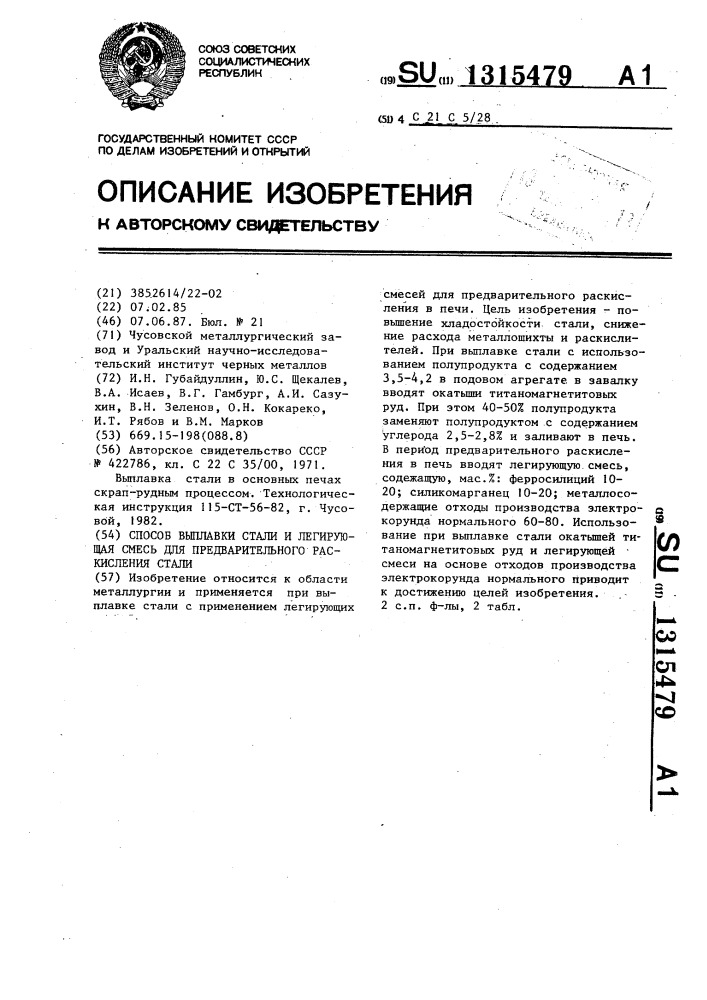 Способ выплавки стали и легирующая смесь для предварительного раскисления стали (патент 1315479)