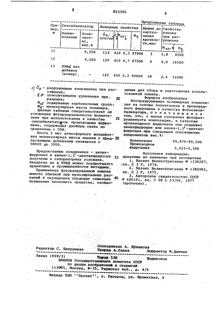 Фоторазрушаемая полимерная компози-ция ha ochobe полиэтилена (патент 823395)