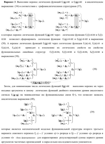 Функциональная структура последовательных сквозных переносов fj+1(  )+ и fj(  )+ условно &quot;i&quot; &quot;зоны формирования&quot; для корректировки результирующей суммы предварительного суммирования активных аргументов множимого [mj]f(2n) позиционного формата в параллельно-последовательном умножителе f ( ) (варианты) (патент 2424550)