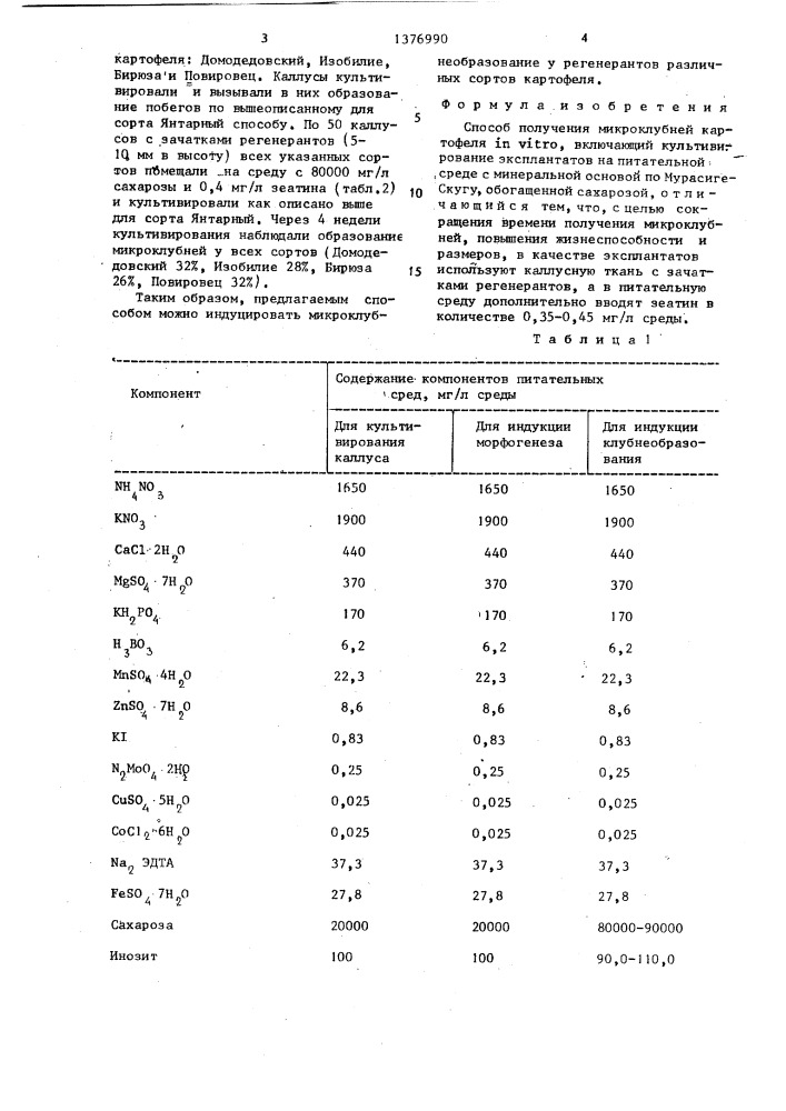 Способ получения микроклубней картофеля in viтrо (патент 1376990)