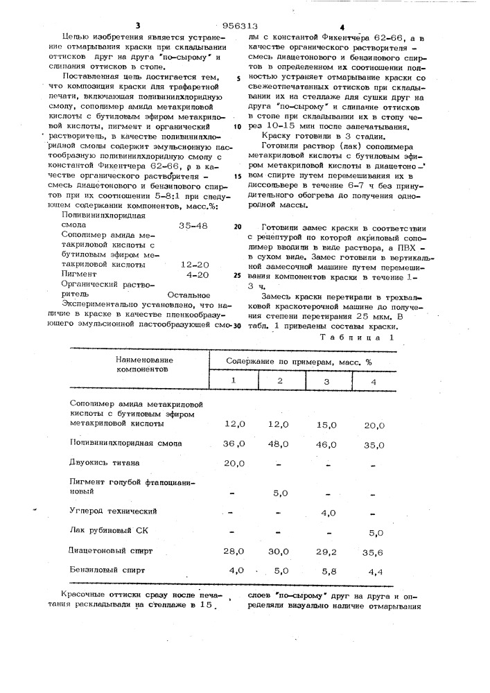 Композиция краски для трафаретной печати (патент 956313)