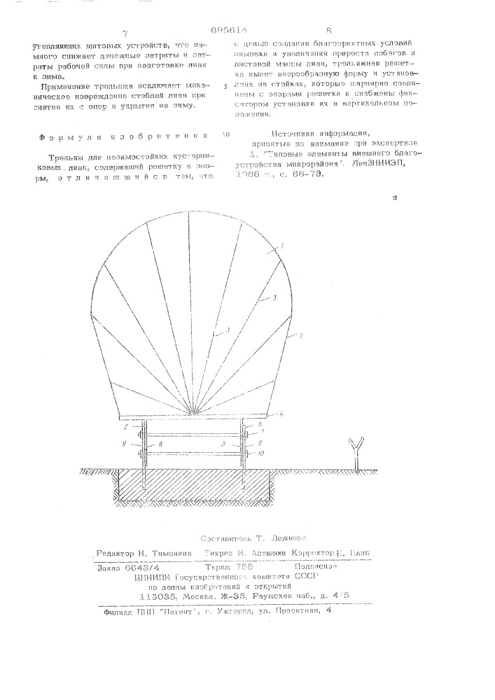 Трельяж для незимостойких кустарниковых лиан (патент 695614)