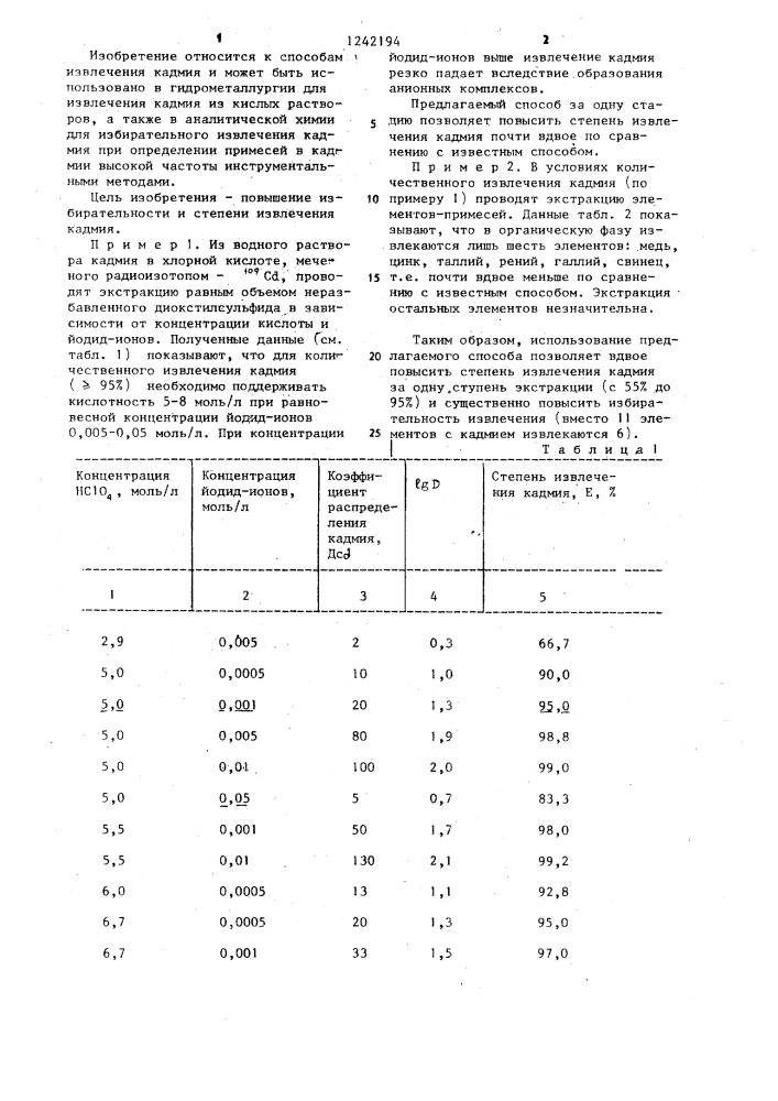 Способ избирательного извлечения кадмия (патент 1242194)