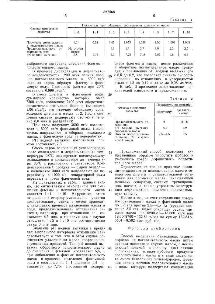 Способ выделения бензольных углеводородовиз поглотительного масла (патент 827468)