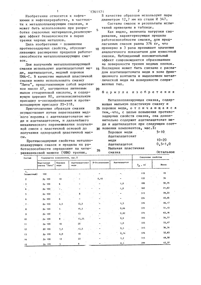Металлолакирующая смазка (патент 1361171)